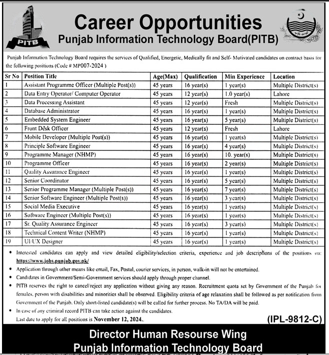 1. Assistant Program Officer 2. Data Entry Operator 3. Computer operator 4. Database Administrator 5. Embended System Engineer 6. Mobile Developer 7. Social Media Executive 8. Senior Software Engineer